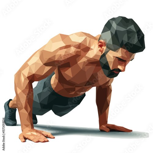 Abstract Push-Up Exercise Illustration – Polygonal Vector Athlete in Mid-Air Pose with Geometric Shirt and Elevated Body