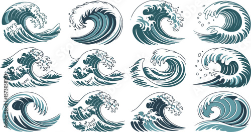 Twelve stylized ocean waves in teal and white water