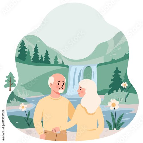 Elderly couple near waterfall. Senior couple enjoying scenic nature view. Retired people admiring waterfall landscape. Love and connection in old age by the water. Elderly set