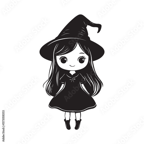 Cute, kawaii little girl dressed as a Halloween witch silhouette, Black little witch silhouette, little girl dressed as a Halloween witch vector, A silhouette of a witch girl character 