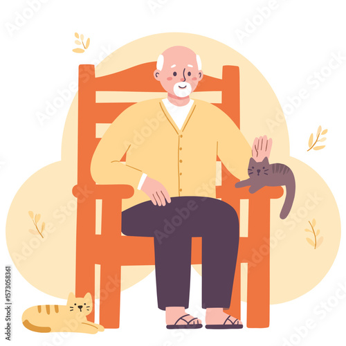 Elderly man petting cat. Senior man bonding with domestic pet. Happy old man sitting with cat companion. Emotional comfort of pets in senior life. Elderly set