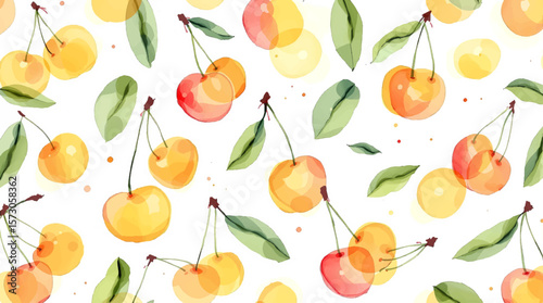 Watercolor yellow cherries on white background seamless vector pattern	