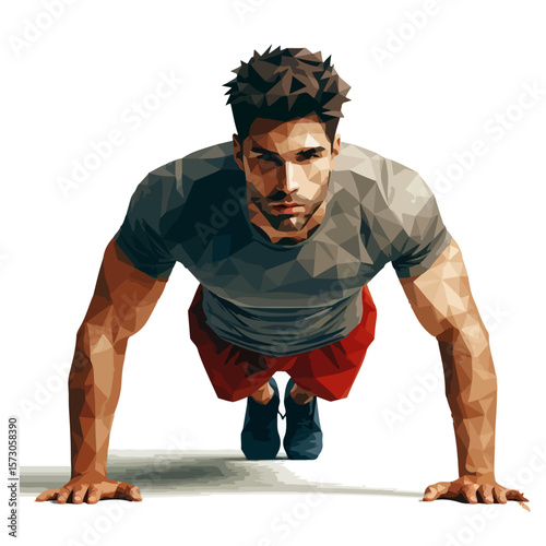 Abstract Push-Up Exercise Illustration – Polygonal Vector Athlete in Mid-Air Pose with Geometric Shirt and Elevated Body