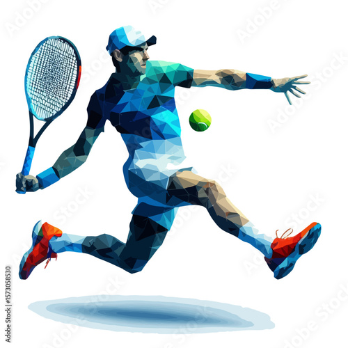 Abstract Tennis Player Illustration – Polygonal Vector Athlete in Mid-Air Forehand Pose with Cap and Racket