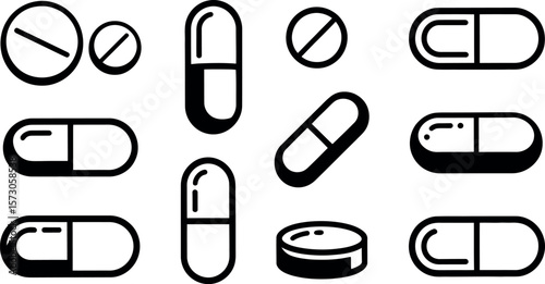 Vector illustration:  Simple black pills and capsules icons set.