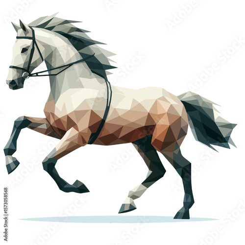 Polygonal Horse Vector – Low-Poly White and Brown Stallion with Bridle in Dynamic Pose on White Background