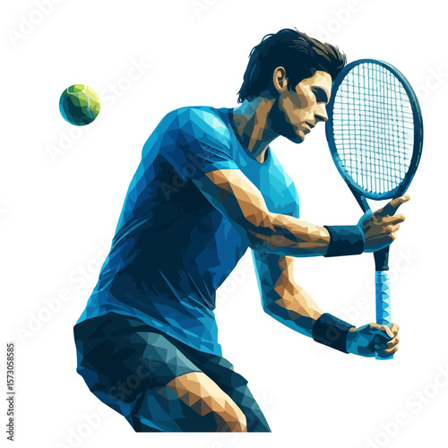 Abstract Tennis Player Illustration – Polygonal Vector Athlete in Mid-Air Forehand Pose with Cap and Racket