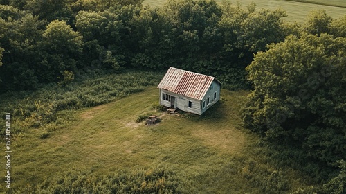 Secluded rustic house nestled in a verdant forest clearing, viewed from an aerial perspective.  The small structure shows signs of age and disrepair