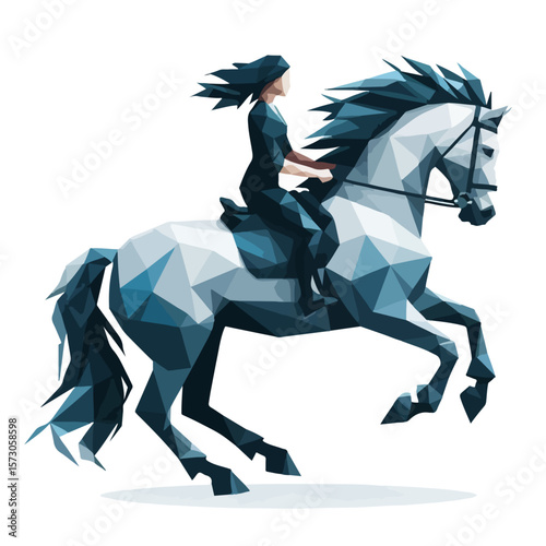 Abstract Horse Rider Illustration – Polygonal Vector of Equestrian Athlete in Motion with Helmet and Striding Horse