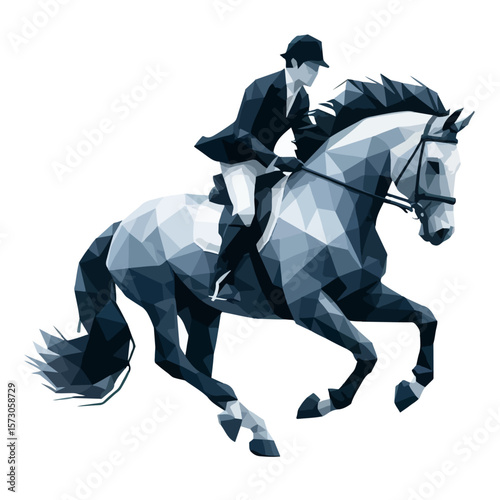 Abstract Horse Rider Illustration – Polygonal Vector of Equestrian Athlete in Motion with Helmet and Striding Horse