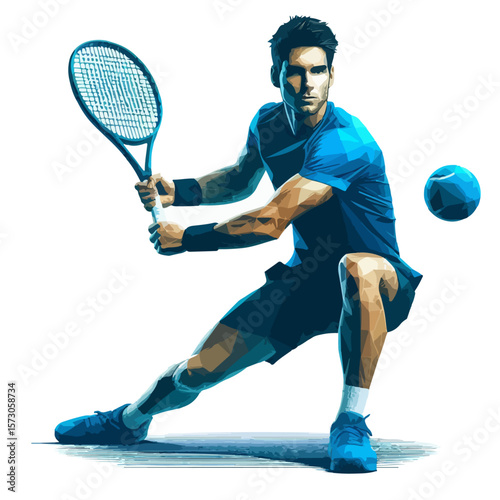 Abstract Tennis Player Illustration – Polygonal Vector Athlete in Mid-Air Forehand Pose with Cap and Racket