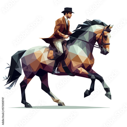 Abstract Horse Rider Illustration – Polygonal Vector of Equestrian Athlete in Motion with Helmet and Striding Horse