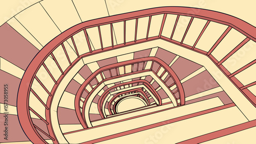 Looking up at a spiral staircase with red railings and beige steps in a repetitive geometric pattern