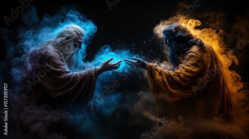 Two mystical beings engage in an ethereal exchange of energy, surrounded by clouds of vibrant colors. This dramatic illustration embodies the eternal conflict between opposing forces, representing li