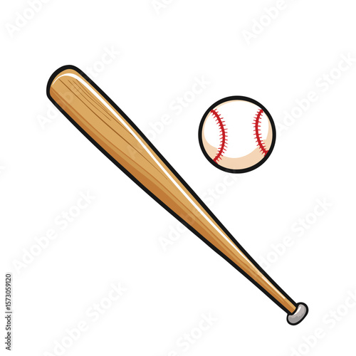 Wooden baseball bat and white ball with red stitching vector