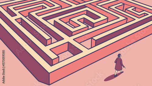 Person standing before a large maze that is colored in shades of pink and beige with dark outlines