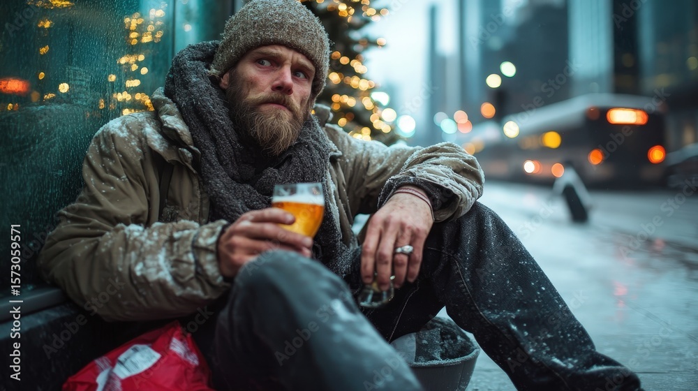 A homeless man sits against a city backdrop, wrapped in warm clothing, clutching a drink as snow falls around him. This poignant image captures the struggles of urban life while showcasing an undenia A homeless man sits against a city backdrop, wrapped in warm clothing, clutching a drink as snow falls around him. This poignant image captures the struggles of urban life while showcasing an undenia