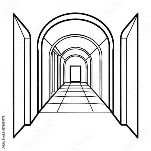 Perspective drawing an arched hallway with a tiled floor a distant doorway architecture