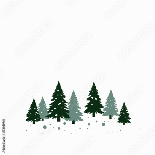 Evergreen trees illustration in various shades on white background  