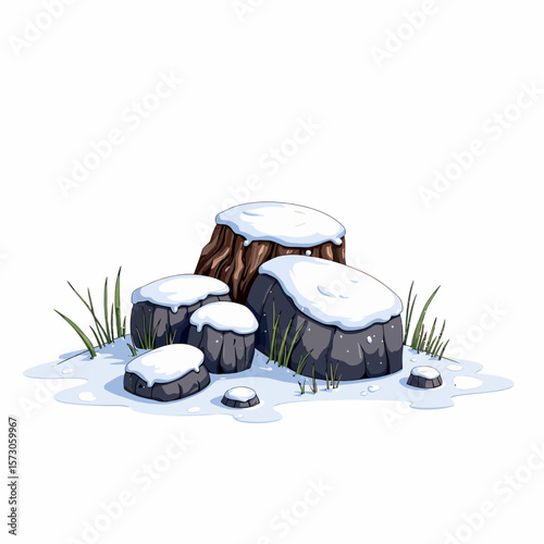 Snow-covered rocks and stumps with grass in winter landscape  