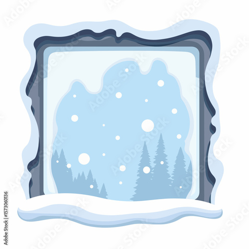 Winter landscape view through frosted window with snowfall  
