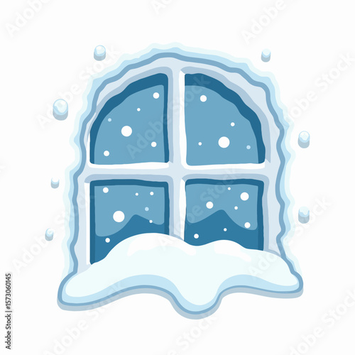 Winter window with snow and frost on the glass