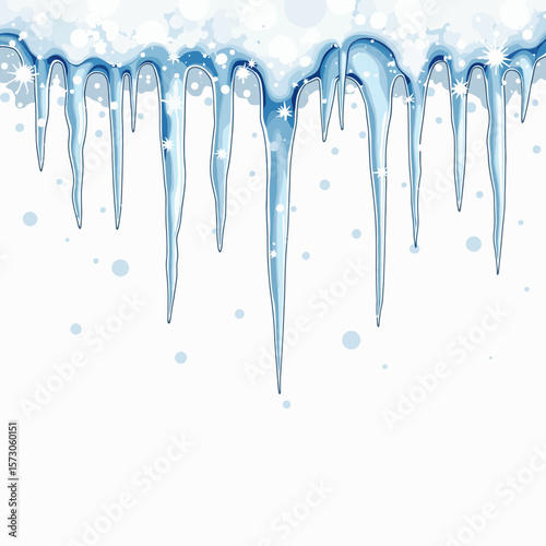 Icicles hanging from white background with snowflakes and droplets  