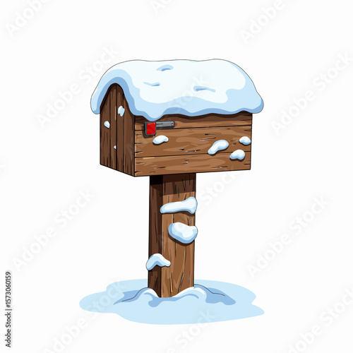 Wooden mailbox covered in snow during winter season  