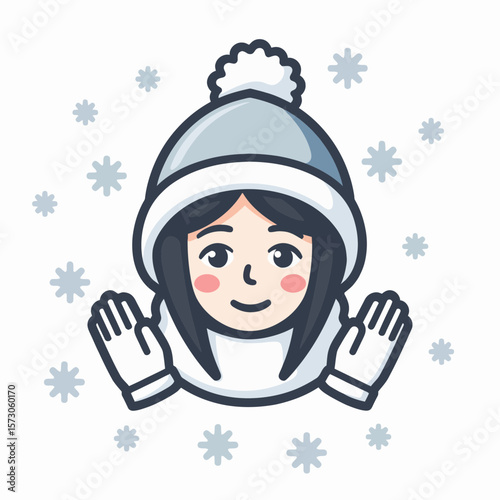 Young girl smiling in winter hat and gloves surrounded by snowflakes  