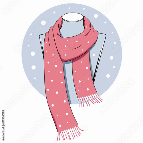 Pink polka dot scarf displayed on mannequin against snowy background  