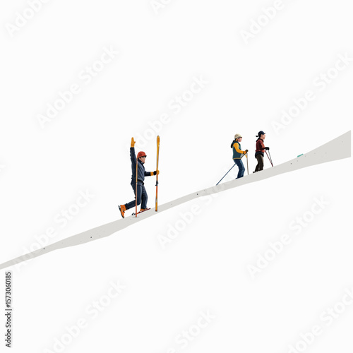 Three skiers climbing a snowy slope in winter landscape  