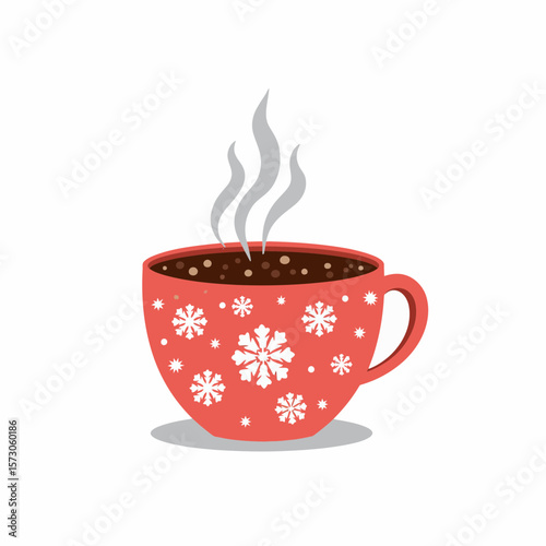 Red mug with steaming hot chocolate and snowflake designs  