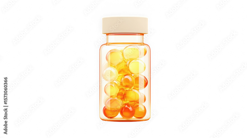 Clear bottle mockup with orange and yellow capsules and cream cap, isolated on white background, ideal for vitamin or omega supplement branding
Clear bottle mockup with orange and yellow capsules and cream cap, isolated on white background, ideal for vitamin or omega supplement branding