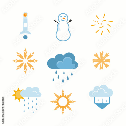 Weather icons featuring snowman, sun, rain, and snowflake illustrations  