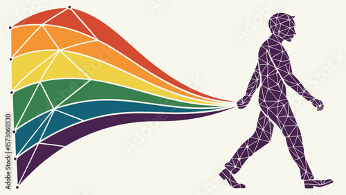 Polygonal man walking with rainbow trail in geometric design against a light background illustration