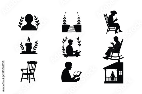 Silhouette figures engaged in various activities people reading