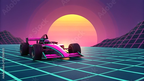 Retro Synthwave Formula Race Car in Neon Grid Landscape at Sunset