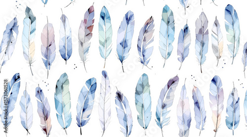 Watercolor feathers pattern on white background