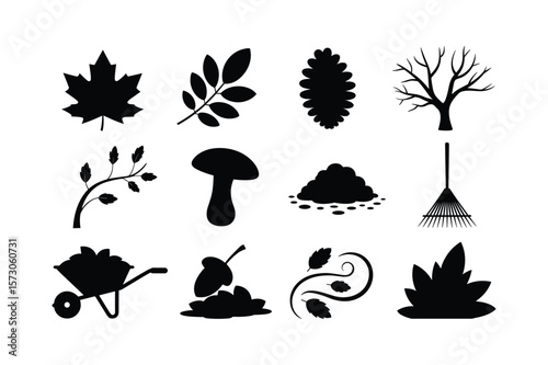 Autumnal elements and garden tools silhouettes fall leaves