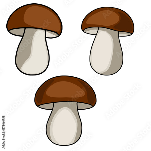 A charming vector illustration featuring three brown and beige mushrooms, each meticulously detailed with smooth gradients and subtle shading, creating a delightful and whimsical design.