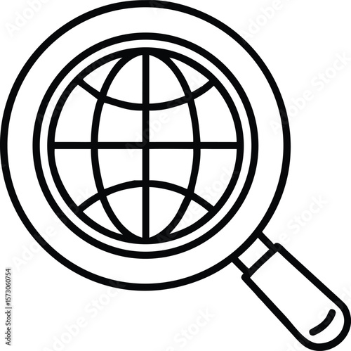 Outline magnifying glass searching over a globe for global research and exploration