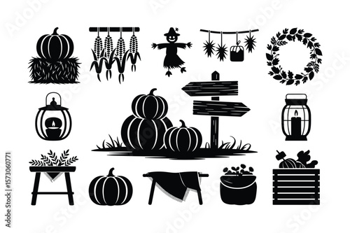 Autumn harvest elements including pumpkins corn scarecrow lanterns and foliage vector
