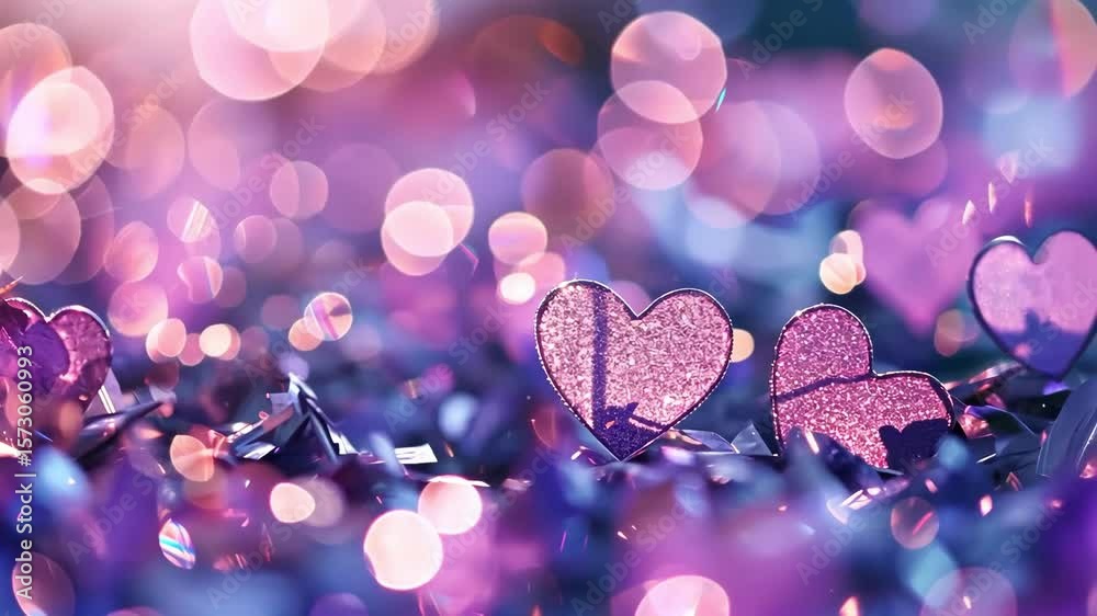 Sparkling pink hearts with bokeh lights for love, romance, and Valentine's Day background.