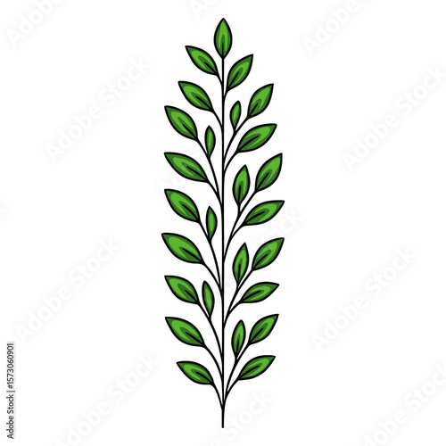 Elegant vertical vector illustration of a stylized green sprig with detailed leaves, perfect for design projects needing a touch of nature.