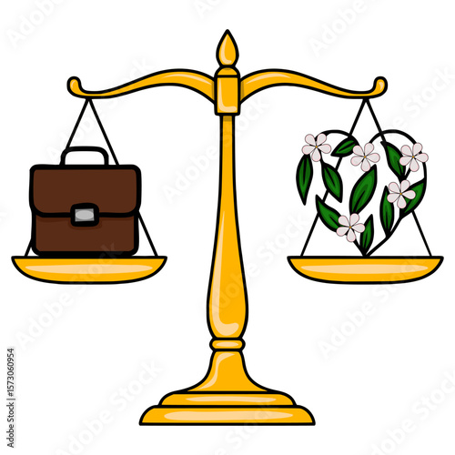 Vector illustration of a golden scale balancing a brown briefcase against a heart-shaped floral arrangement, symbolizing the work-life balance concept.