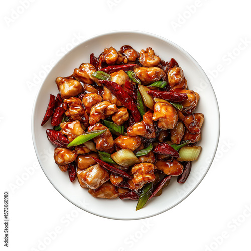 Kung Pao chicken in a white plate, Sichuan style food, Chinese food, isolated on white transparent background, menu photography, food photography