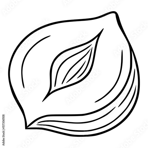 Vector illustration of a stylized halved hazelnut, featuring bold black lines and a unique, flowing design, perfect for culinary or abstract projects.