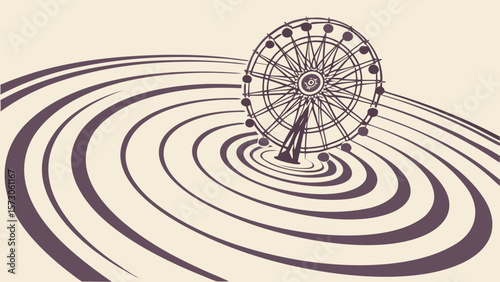 Illustration of a ferris wheel standing on a ripple pattern in a stylized vintage style