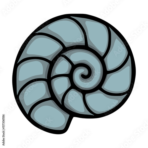 A stylized vector illustration of a nautilus shell with a segmented, layered design in cool blue tones, featuring bold black outlines for a striking graphic effect.