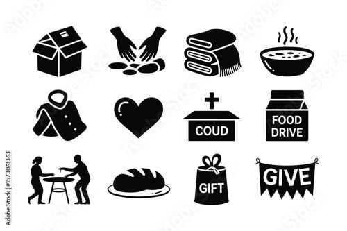 Donation icons featuring food clothing shelter and giving charity help